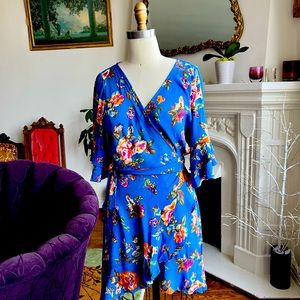 Lulu’s Tazanna Blue Floral Ruffled Wrap Dress